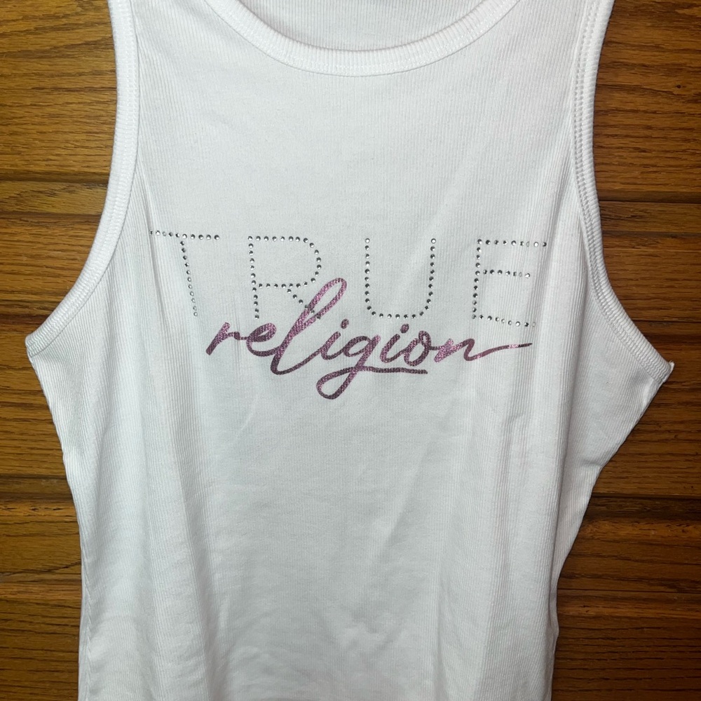 True Religion White Tank Top with Purple Script